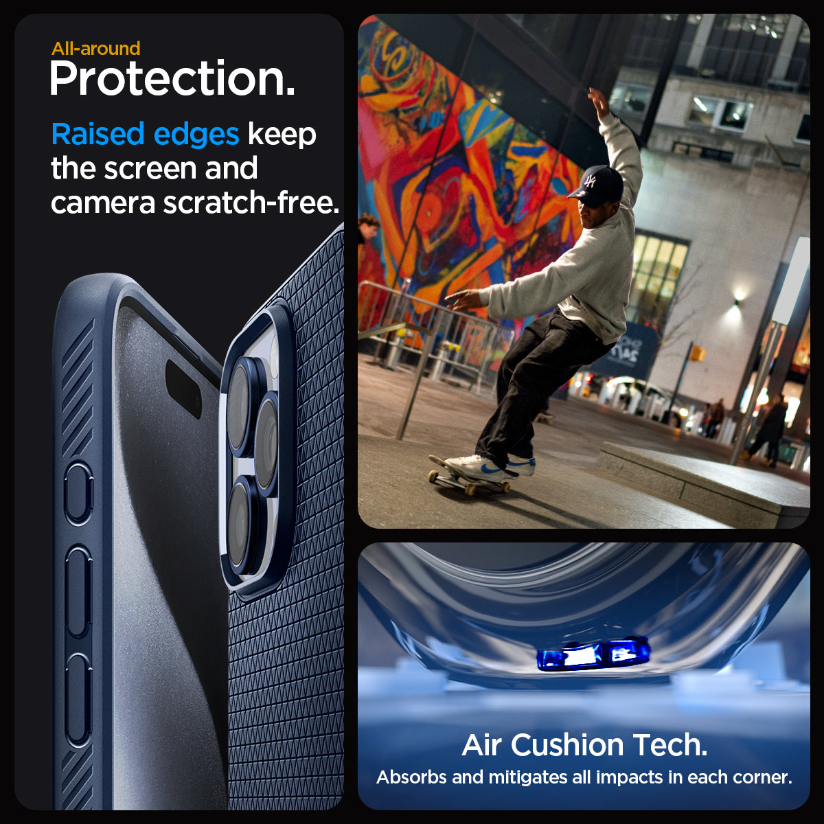 ACS06705 - iPhone 15 Pro Case Liquid Air in navy blue all-around protection. Raised edges keep the screen and camera scratch-free. Air Cushion Tech. Absorbs and mitigates all impacts in each corner