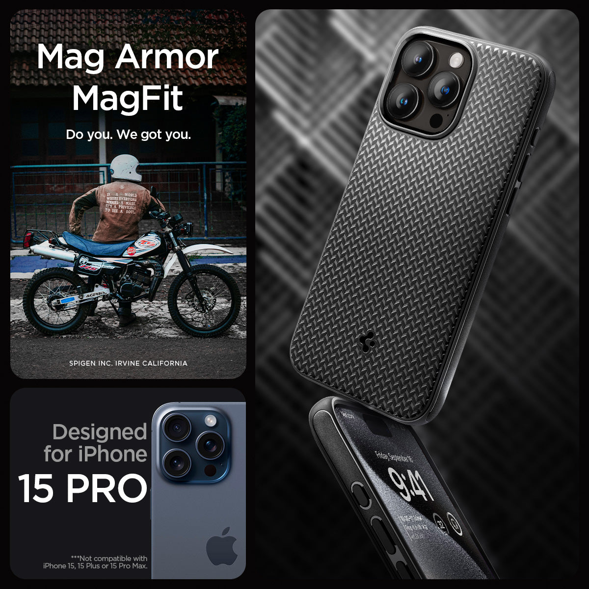 ACS06736 - iPhone 15 Pro Case Mag Armor (MagFit) in matte black designed for iPhone 15 Pro. Not compatible with iPhone 15, 15 Plus or 15 Pro Max