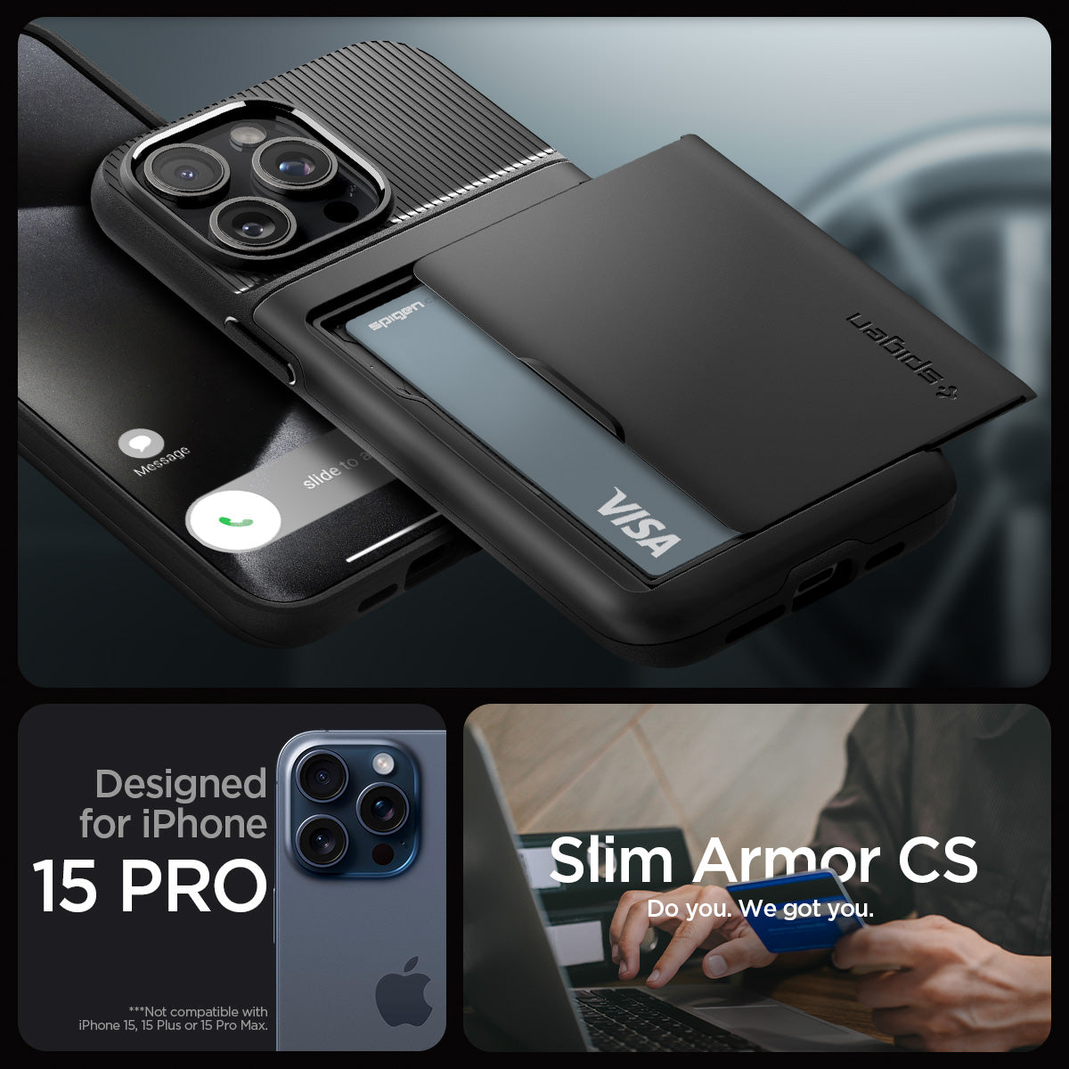 ACS06728 - iPhone 15 Pro Case Slim Armor CS in black designed for iPhone 15 pro. slim armor cs. do you. we got you