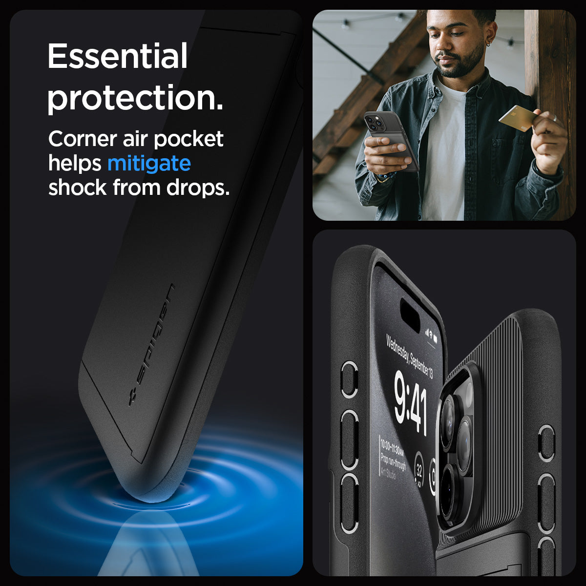 ACS06728 - iPhone 15 Pro Case Slim Armor CS in black essential protection. corner air pocket helps mitigate shock from drops.