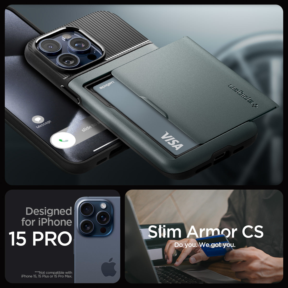 ACS06731 - iPhone 15 Pro Case Slim Armor CS in abyss green designed for iPhone 15 pro. slim armor cs. do you. we got you