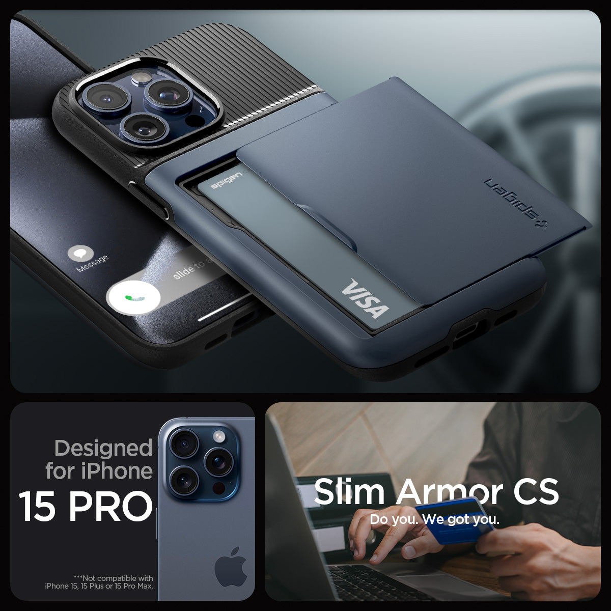 ACS06730 - iPhone 15 Pro Case Slim Armor CS in metal slate designed for iPhone 15 pro. slim armor cs. do you. we got you