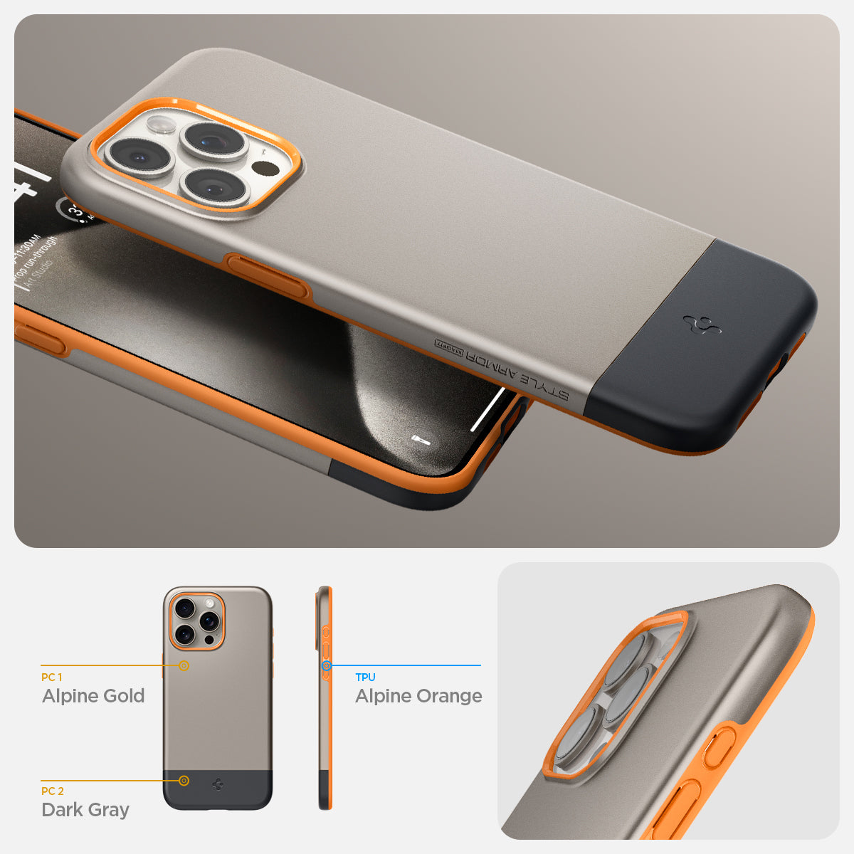 ACS06746 - iPhone 15 Pro Case Style Armor (MagFit) in alpine gold PC 1 alpine gold, PC 2 dark gray, TPU alpine orange.
