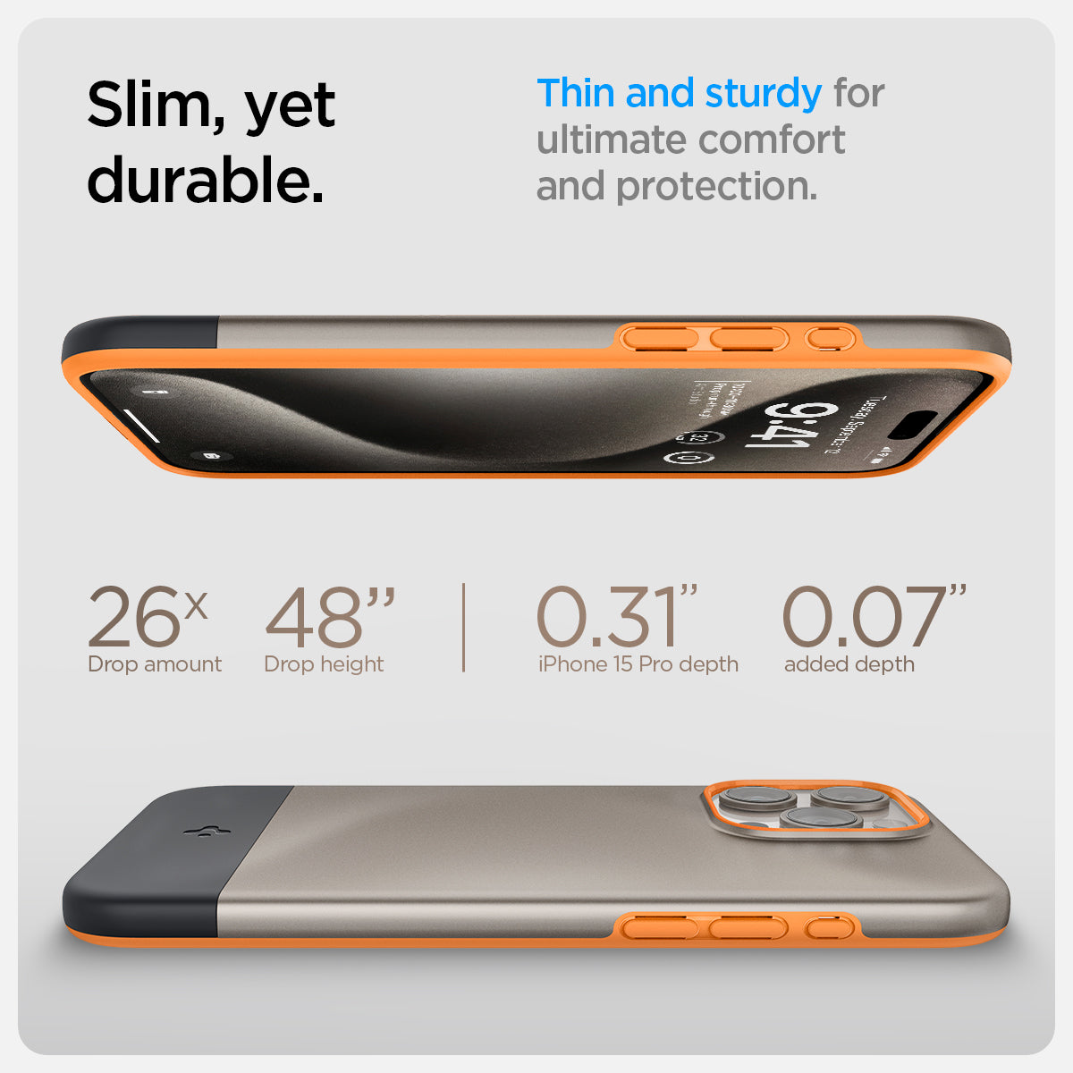 ACS06746 - iPhone 15 Pro Case Style Armor (MagFit) in alpine gold slim, yet, durable. thin and sturdy for ultimate comfort and protection. 26x drop amount, 48" drop height, 0.31" iPhone pro max depth, 0.07" added depth.