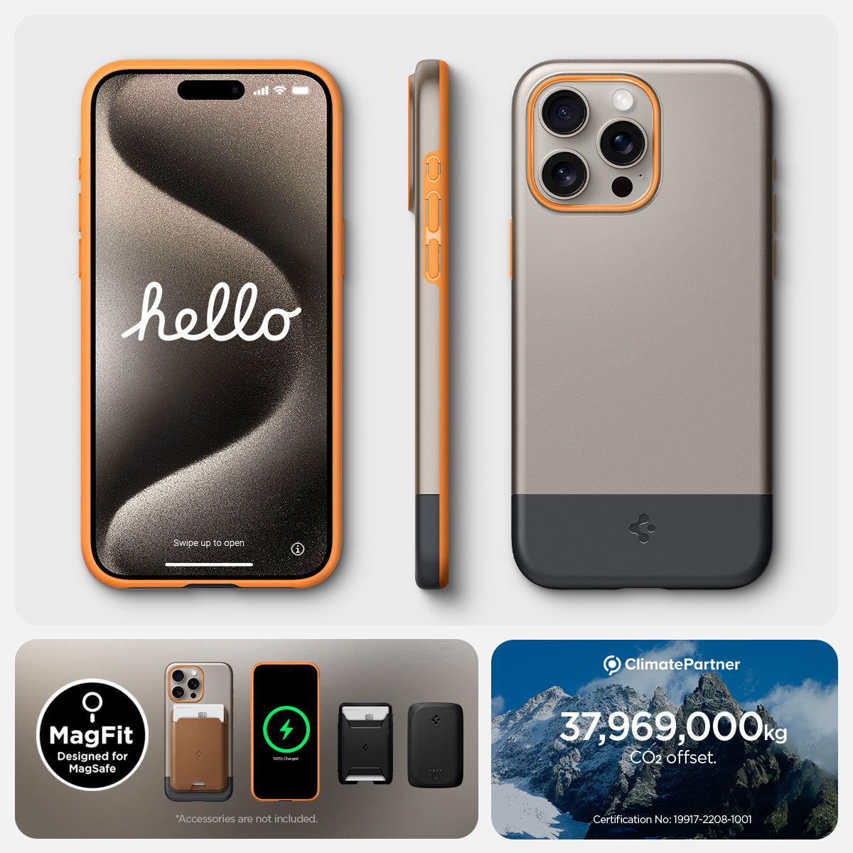 ACS06746 - iPhone 15 Pro Case Style Armor (MagFit) in alpine gold hello swipe to open. Magfit designed for magsafe. accessories are not included.