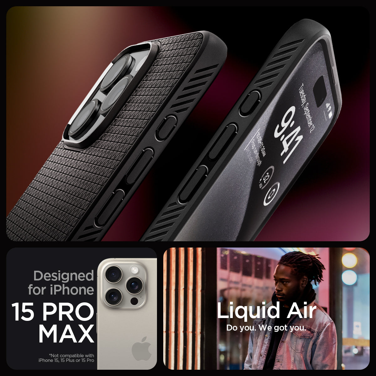 ACS06562 - iPhone 15 Pro Max Case Liquid Air in matte black designed for iPhone 15 Pro Max. Not compatible with iPhone 15, 15 Plus or 15 Pro