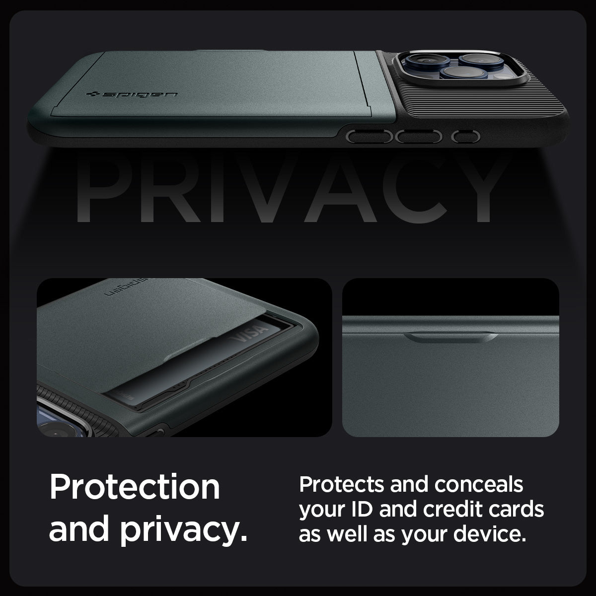 ACS06592 - iPhone 15 Pro Max Case Slim Armor CS in abyss green protection and privacy. Protects and conceals out ID and credit cards as well as your device.