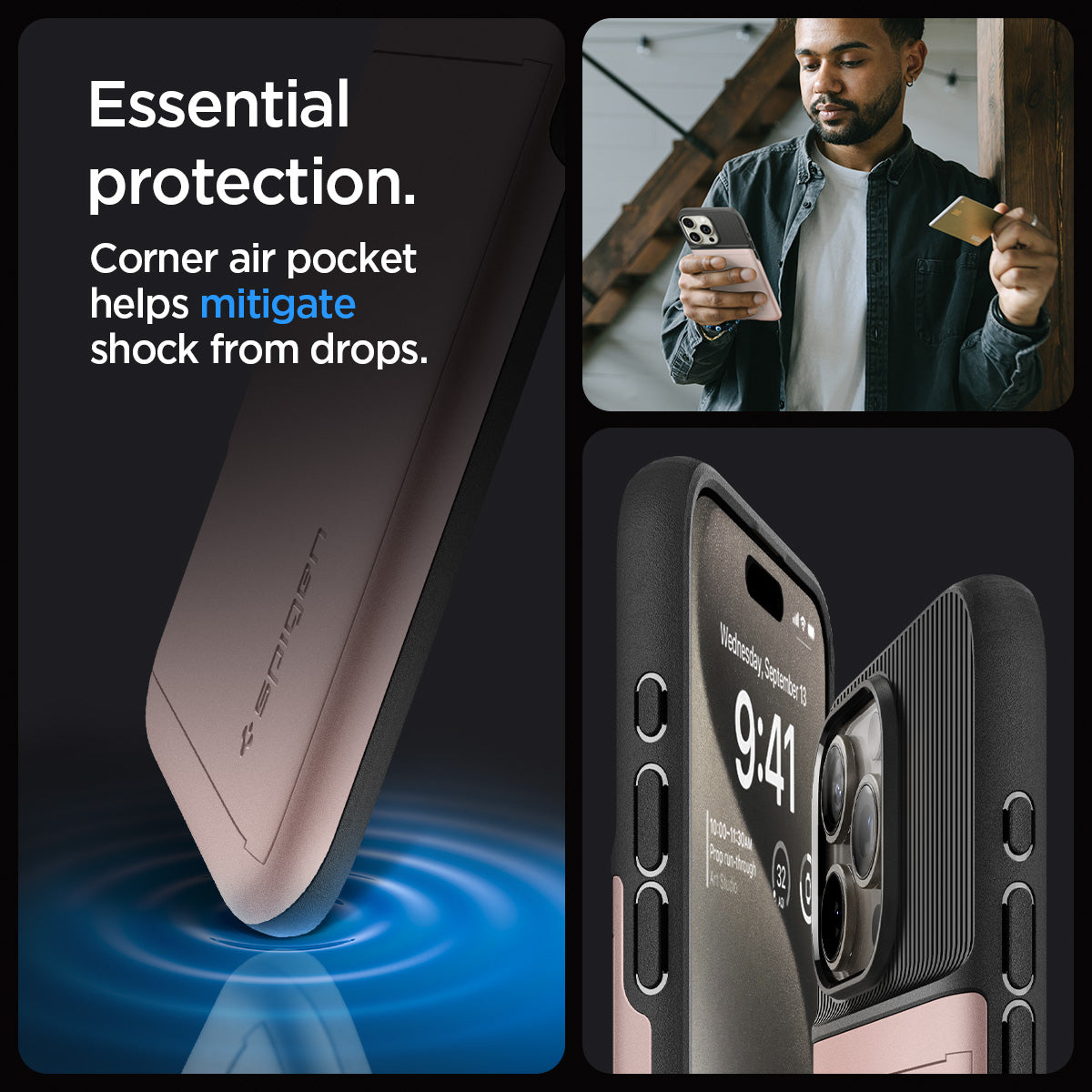 ACS06590 - iPhone 15 Pro Max Case Slim Armor CS in rose gold essential protection. corner air pocket helps mitigate shock from drops.