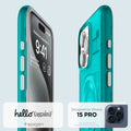 ACS06743 - iPhone 15 Pro Case Classic C1 (MagFit) in bondi blue showing hello again. spigen designed for iPhone 15 pro.