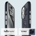 ACS06742 - iPhone 15 Pro Case Classic C1 (MagFit) in graphite showing hello again. spigen designed for iPhone 15 pro.