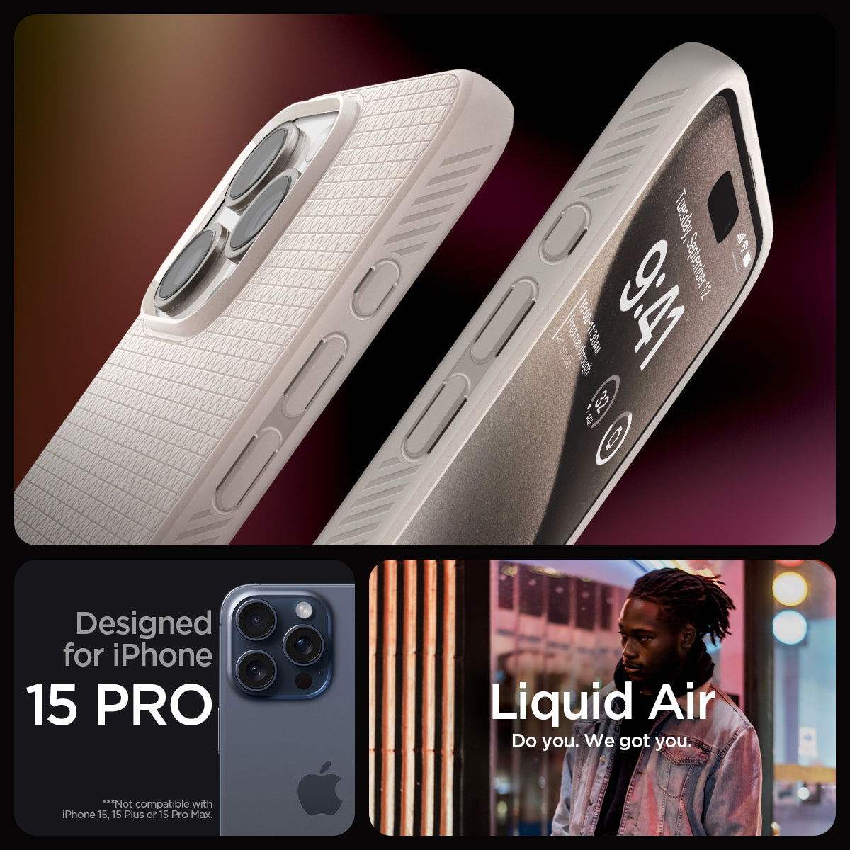 ACS07217 - iPhone 15 Pro Case Liquid Air in Natural Titanium designed for iPhone 15 Pro. Not compatible with iPhone 15, 15 Plus or 15 Pro Max