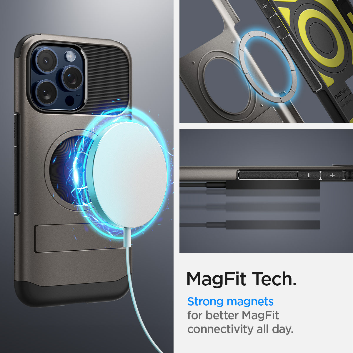 ACS06476 - iPhone 15 Pro Case Slim Armor (MagFit) in gunmetal magfit tech. strong magnets for better magfit connectivity all day.