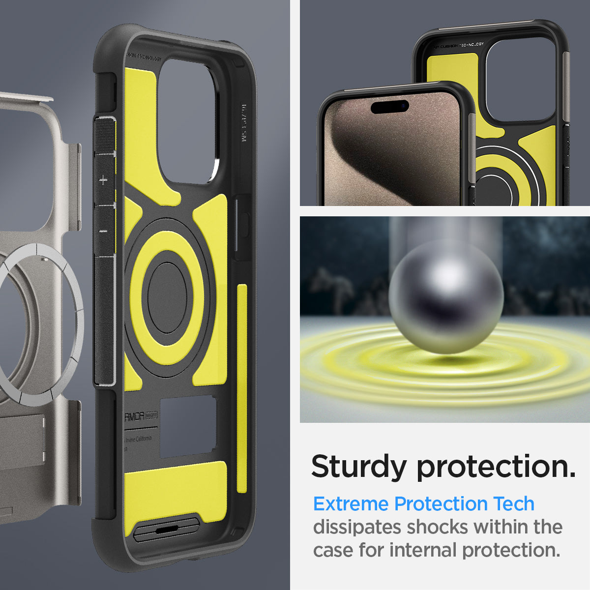 ACS06476 - iPhone 15 Pro Case Slim Armor (MagFit) in gunmetal sturdy protection. extreme protection tech dissipates shocks within the case for internal protection.