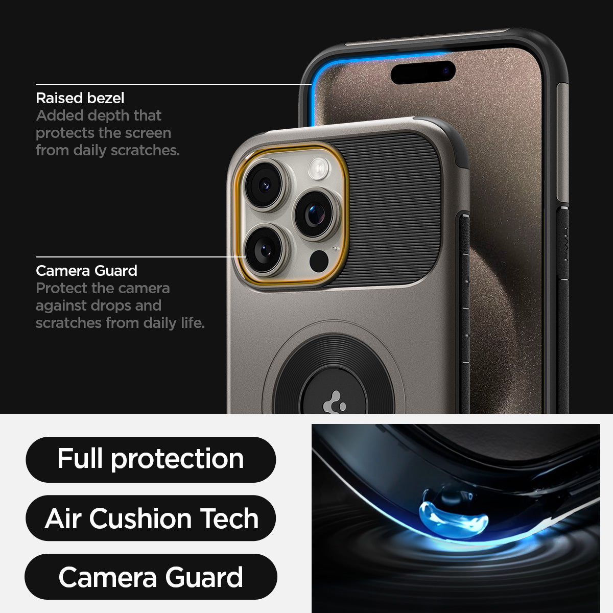 ACS06476 - iPhone 15 Pro Case Slim Armor (MagFit) in gunmetal raised bezel added depth that protects the screen from daily scratches. Camera guard protect the camera against drops and scratches from daily life. Full protection, Air cushion tech, Camera guard.