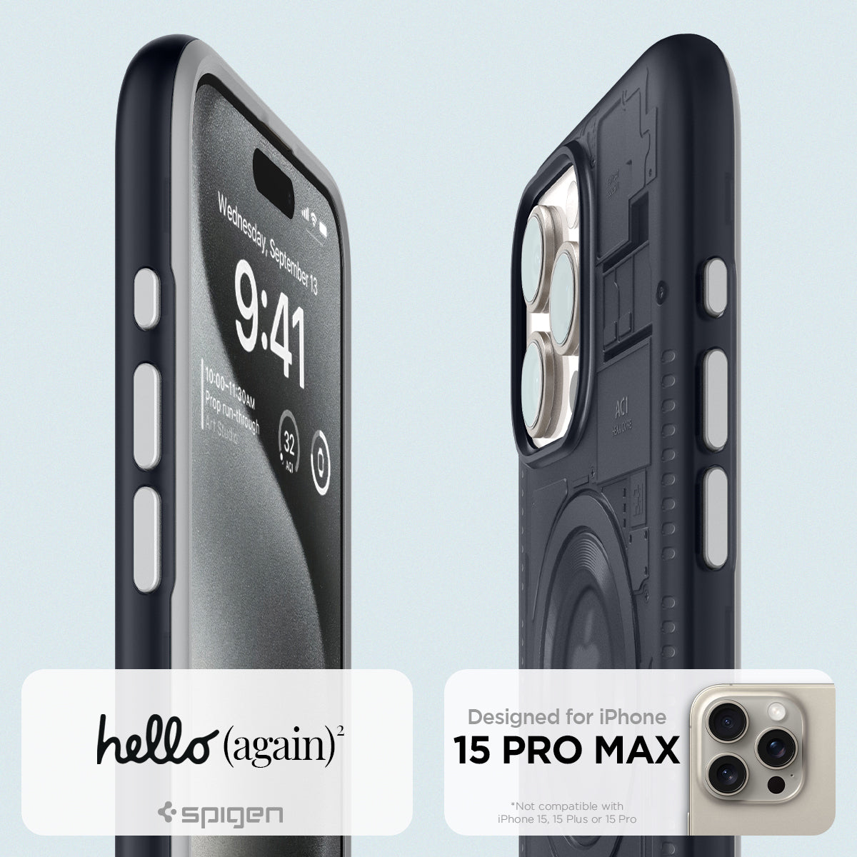 ACS06607 - iPhone 15 Pro Max Case Classic C1 (MagFit) in graphite showing hello again. spigen designed for iPhone 15 pro max.