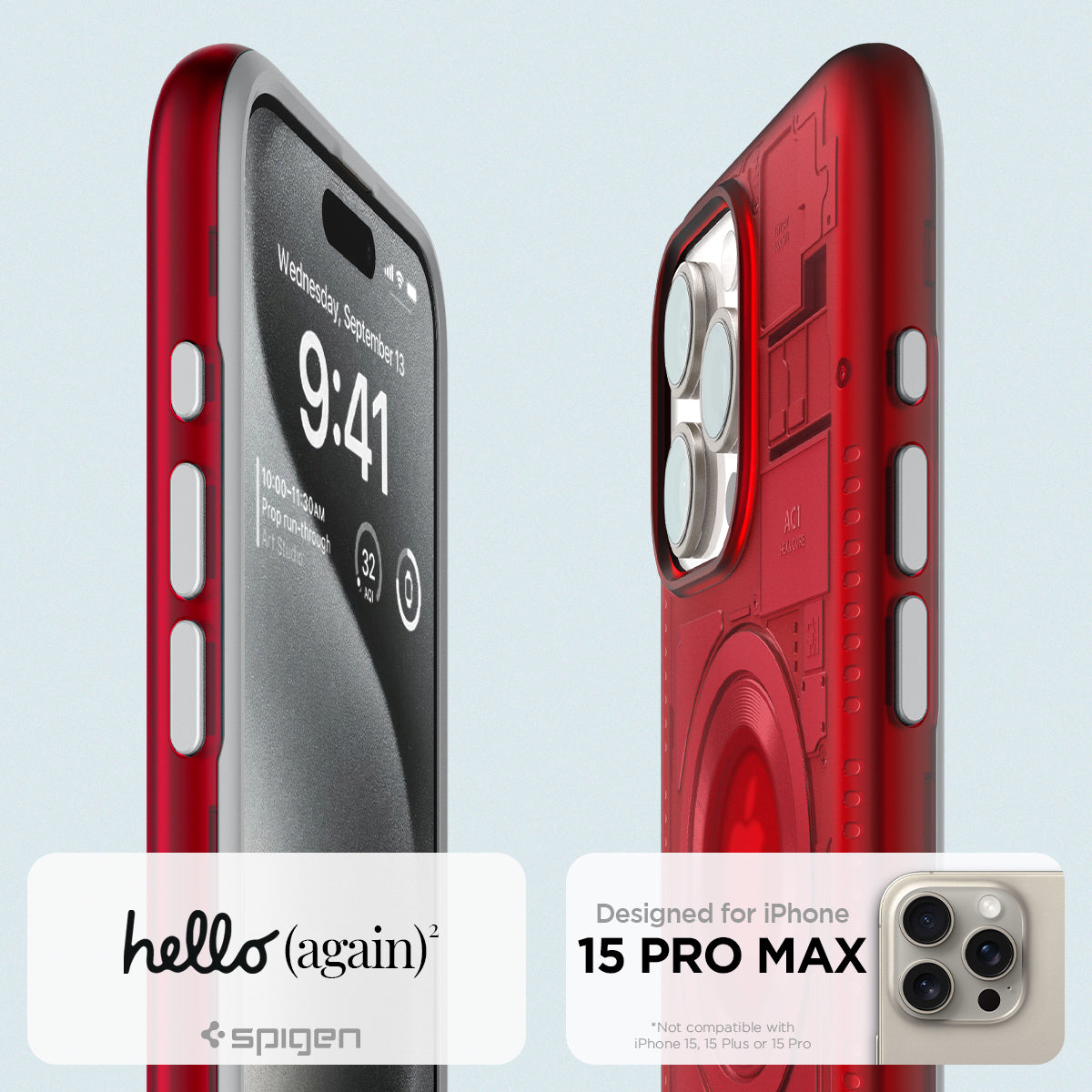 ACS06609 - iPhone 15 Pro Max Case Classic C1 (MagFit) in ruby showing hello again. spigen designed for iPhone 15 pro max.