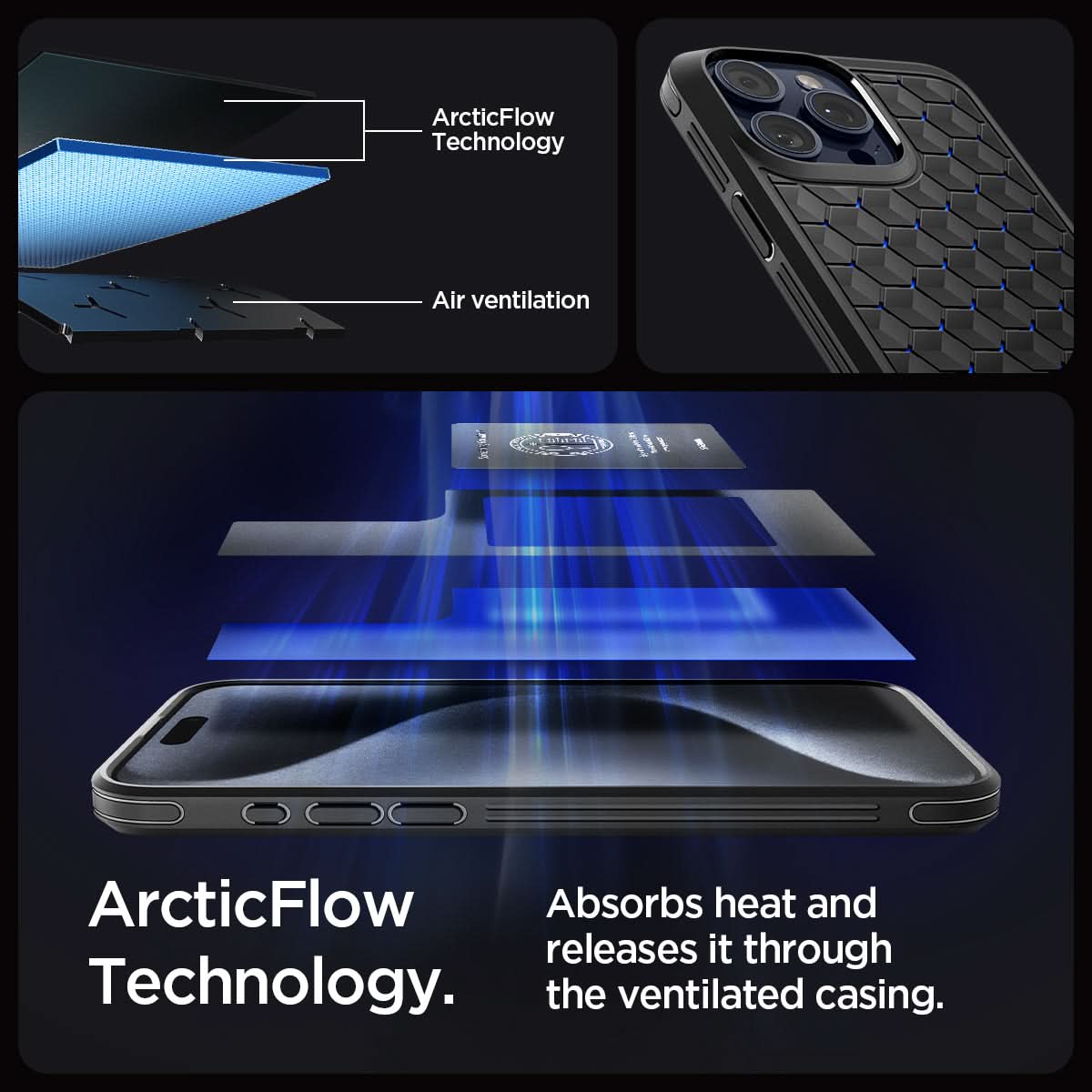 ACS06603 - iPhone 15 Pro Max Case Cryo Armor in blue arctic flow technology. Arcticflow technology. absorbs heat and releases it though the ventilated casing.