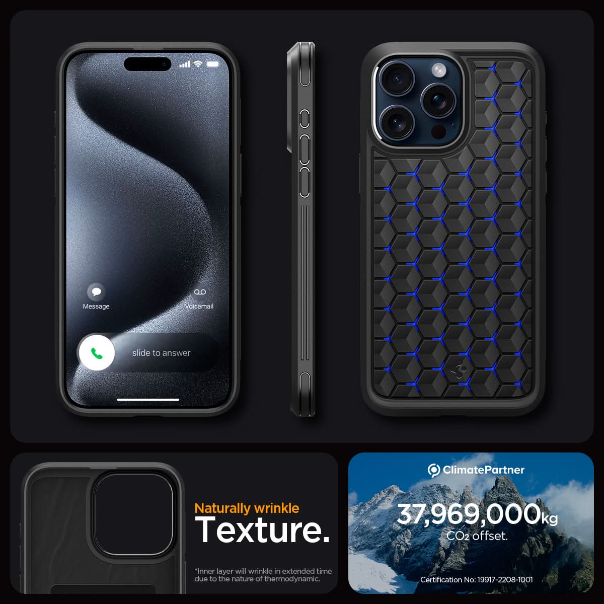ACS06603 - iPhone 15 Pro Max Case Cryo Armor in blue naturally wrinkle texture.