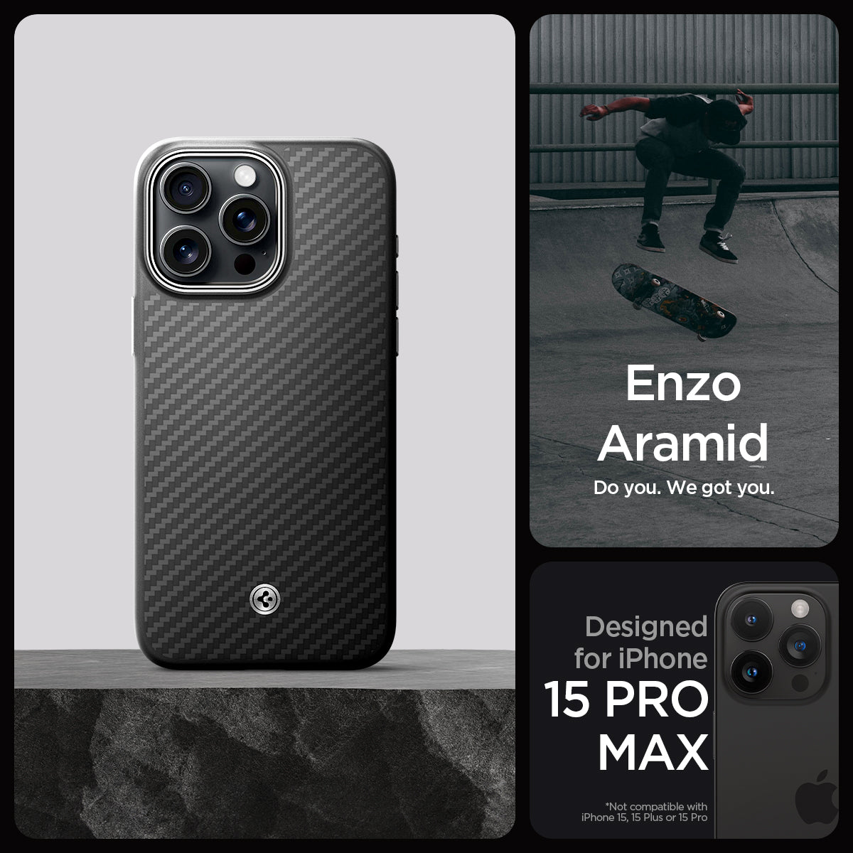 ACS07044 - iPhone 15 Pro Max Case Enzo Aramid (MagFit) in matte black designed for iPhone 15 pro max. Enzo aramid. do you. we got you