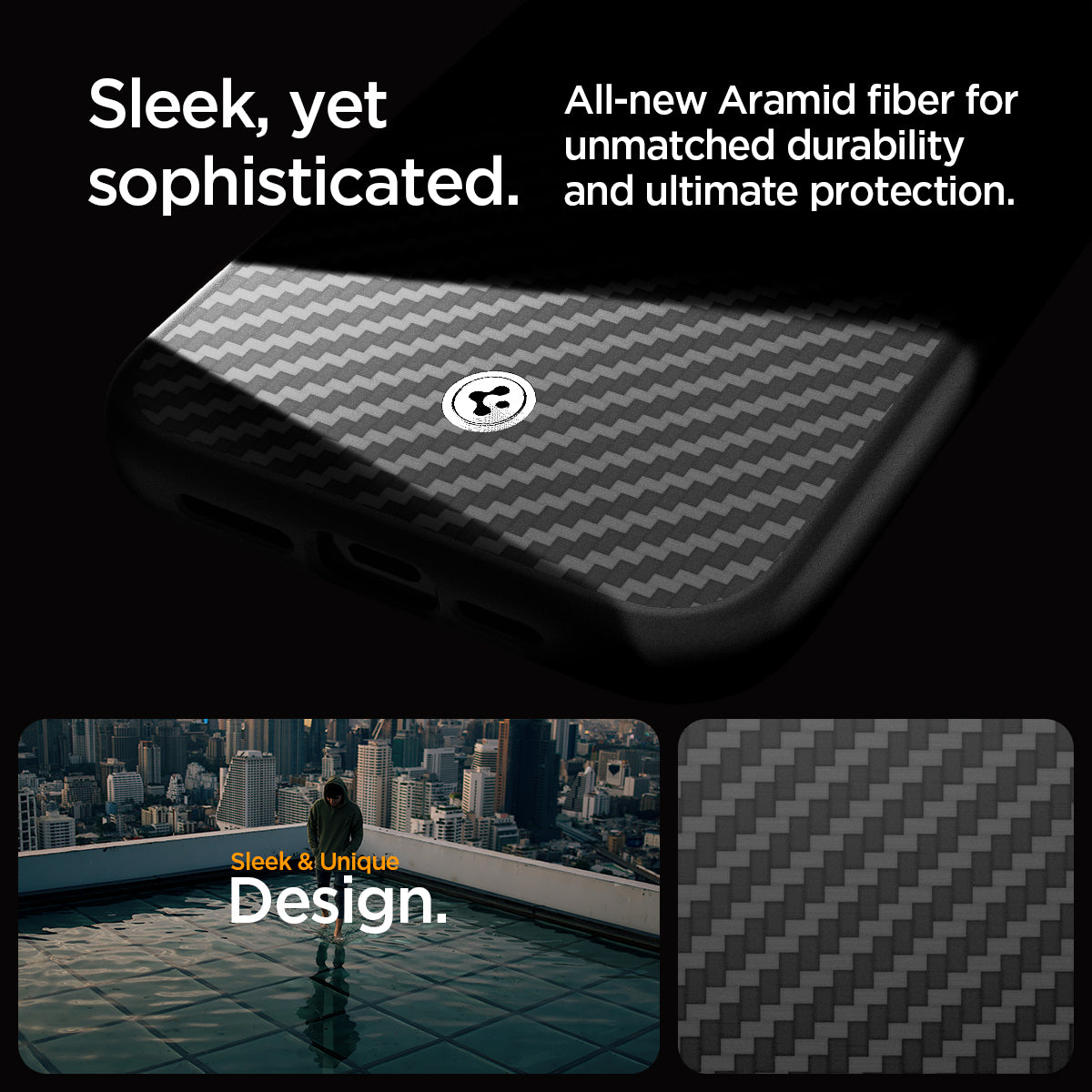 ACS07044 - iPhone 15 Pro Max Case Enzo Aramid (MagFit) in matte black sleek, yet sophisticated. All new aramid fiber for unmatched durability and ultimate protection. sleek and unique design.