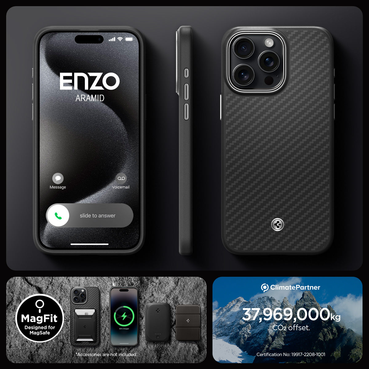 ACS07044 - iPhone 15 Pro Max Case Enzo Aramid (MagFit) in matte black magfit designed for magsafe.