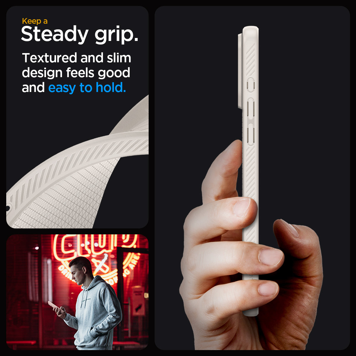 ACS07212 - iPhone 15 Pro Max Case Liquid Air in Natural Titanium showing the steady grip. Textured and slim design feels good and easy to hold