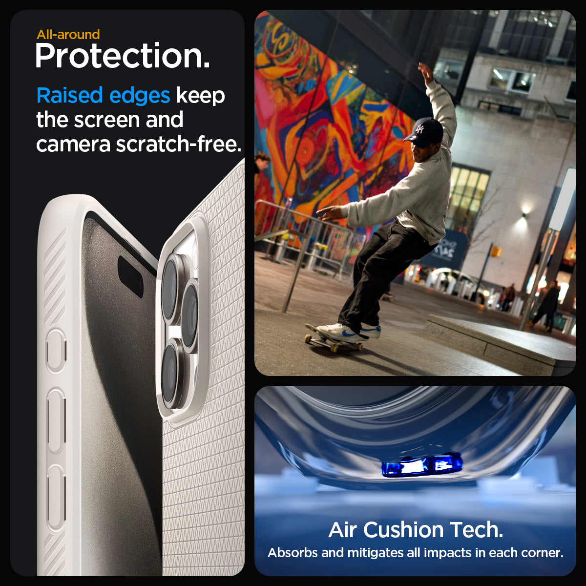 ACS07212 - iPhone 15 Pro Max Case Liquid Air in Natural Titanium all-around protection. Raised edges keep the screen and camera scratch-free. Air Cushion Tech. Absorbs and mitigates all impacts in each corner