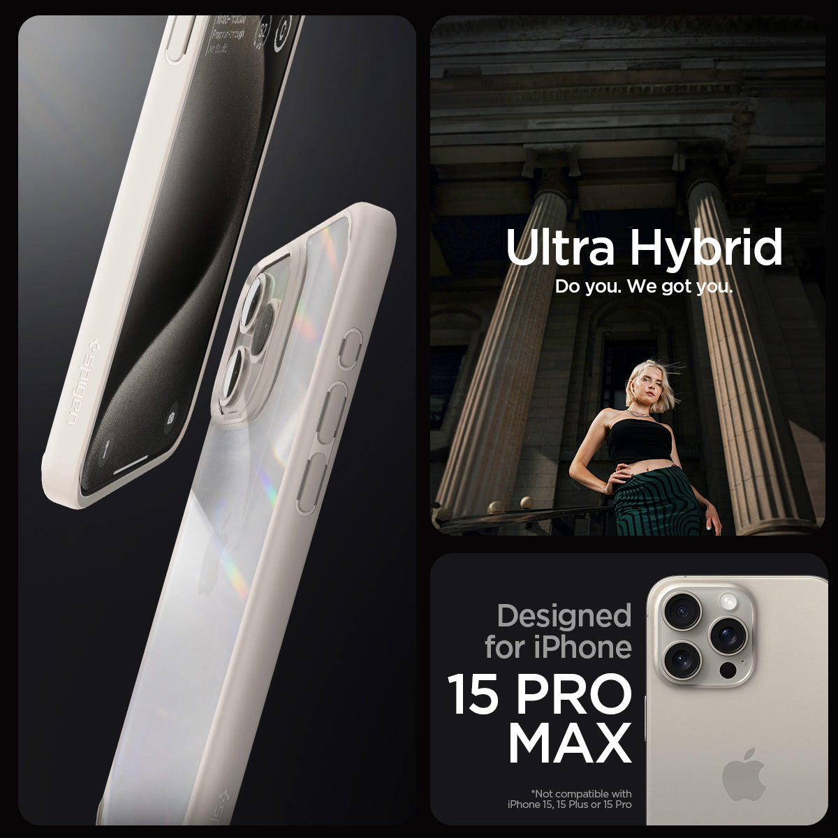 ACS07209 - iPhone 15 Pro Max Ultra Hybrid Case in Natural Titanium showing the compatibility only with iPhone 15 Pro Max. Not compatible with iPhone 15, 15 Plus or 15 Pro