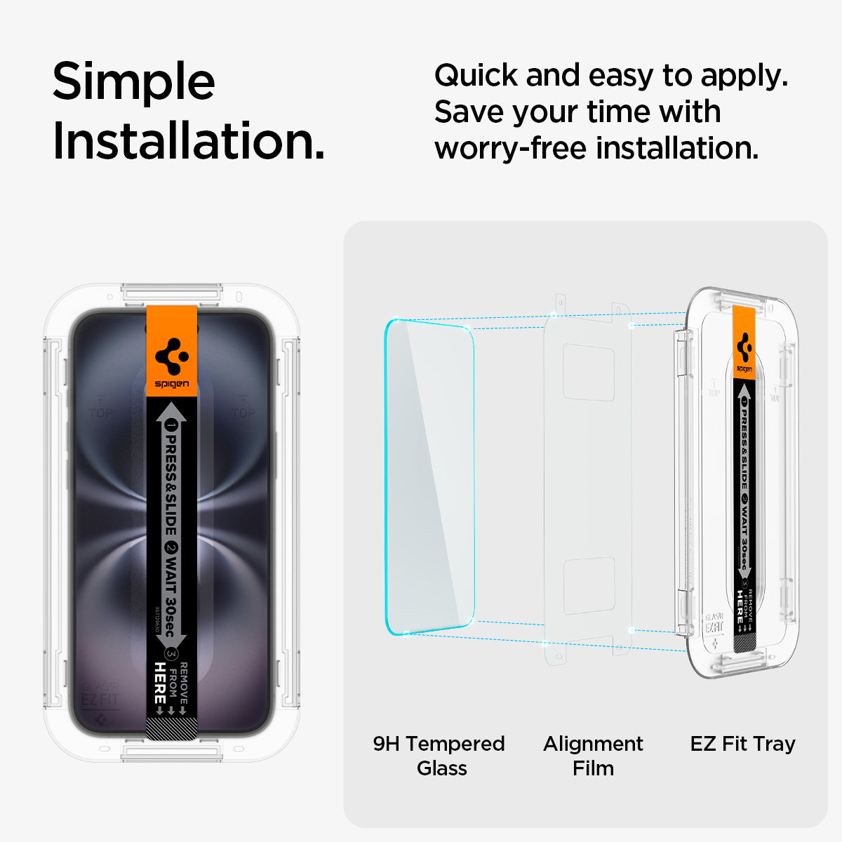 AGL06903 - iPhone 16 GLAS.tR EZ Fit Sensor Protected showing the simple installation. Quick and easy to apply. Save your time with worry-free installation. 9H Tempered Glass, Alignment Film and EZ Fit Tray