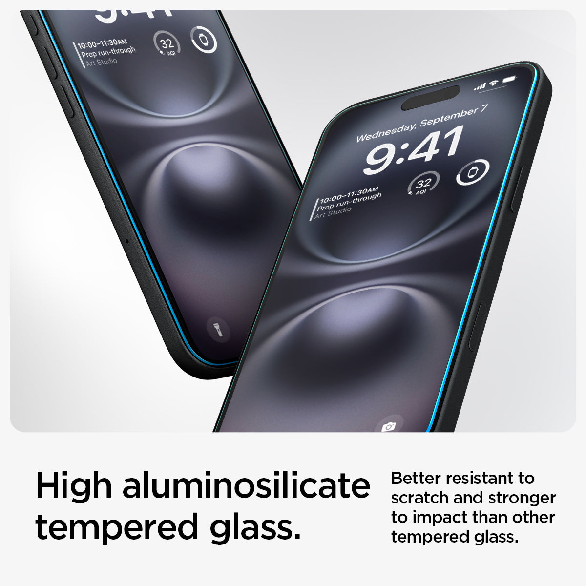 AGL06883 - iPhone 16 Plus GLAS.tR EZ Fit Sensor Protected showing the high aluminosilicate tempered glass. Better resistant to scratch and stronger to impact than other tempered glass