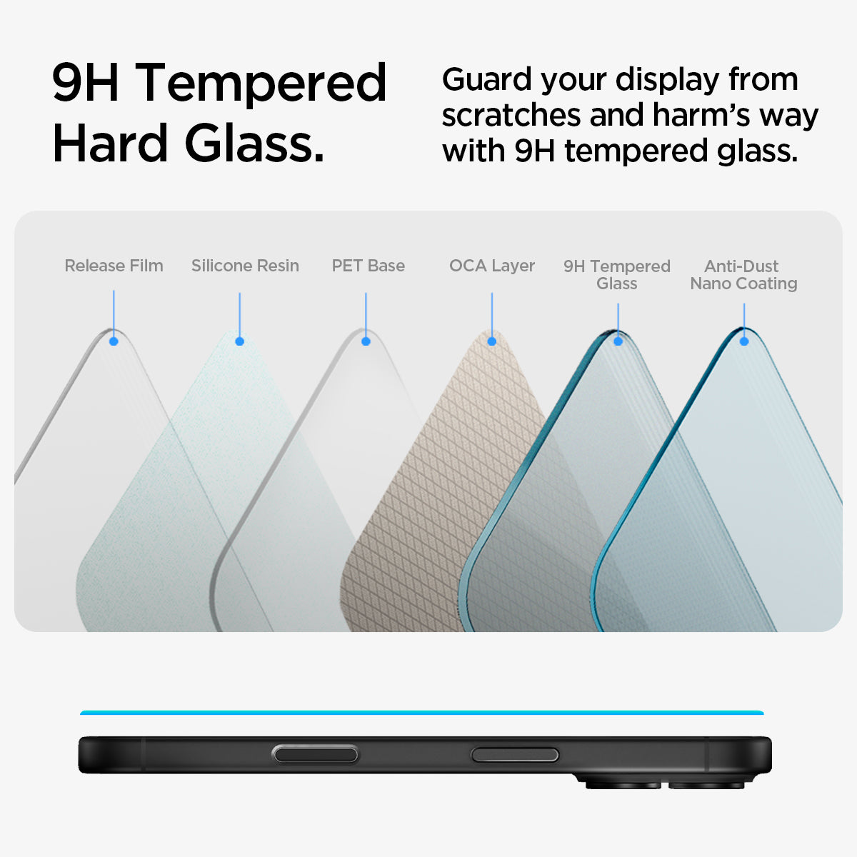 AGL06883 - iPhone 16 Plus GLAS.tR EZ Fit Sensor Protected showing the 9H Tempered Hard Glass. Guard your display from scratches and harm's way with 9H tempered glass. Layers of parts of the glass