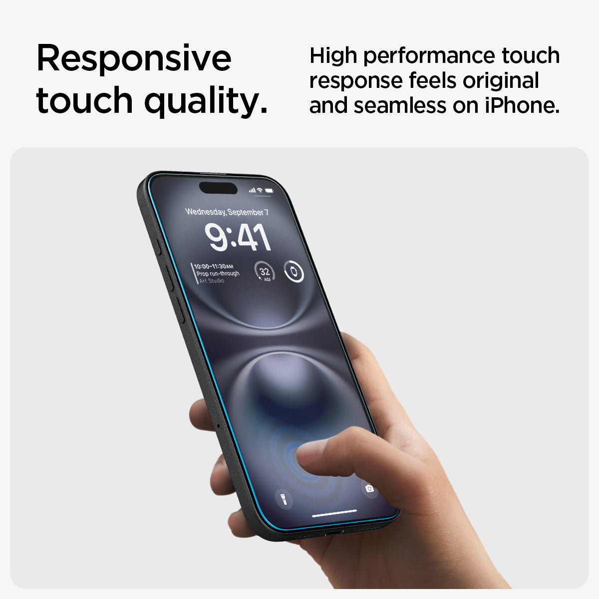 AGL06883 - iPhone 16 Plus GLAS.tR EZ Fit Sensor Protected showing the responsive touch quality. High performance touch response feels original and seamless on iPhone