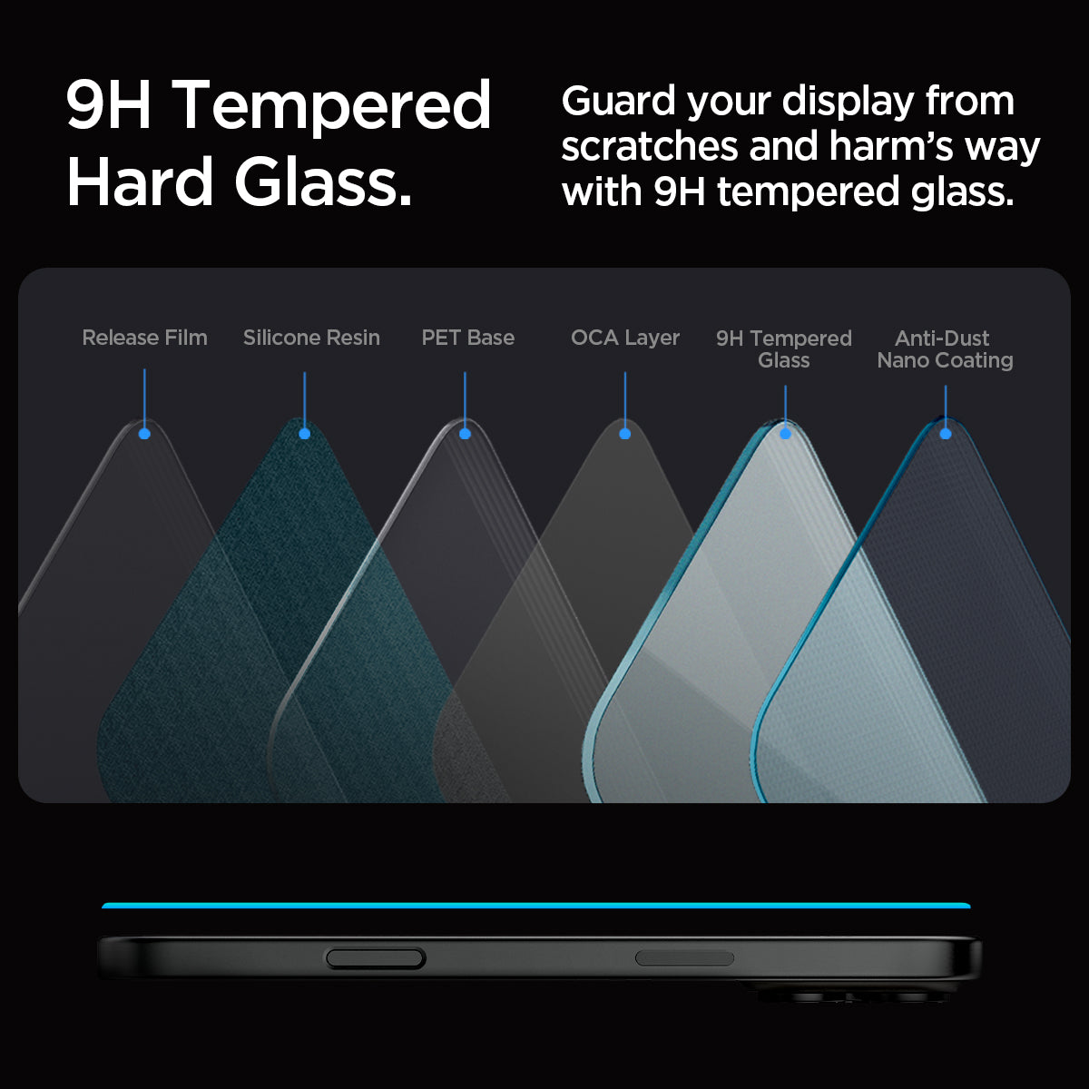 AGL07928 - iPhone 16 Pro GLAS.tR EZ Fit Sensor Protected showing the 9H Tempered Hard Glass. Guard your display from scratches and harm's way with 9H tempered glass. Layers of parts of the glass