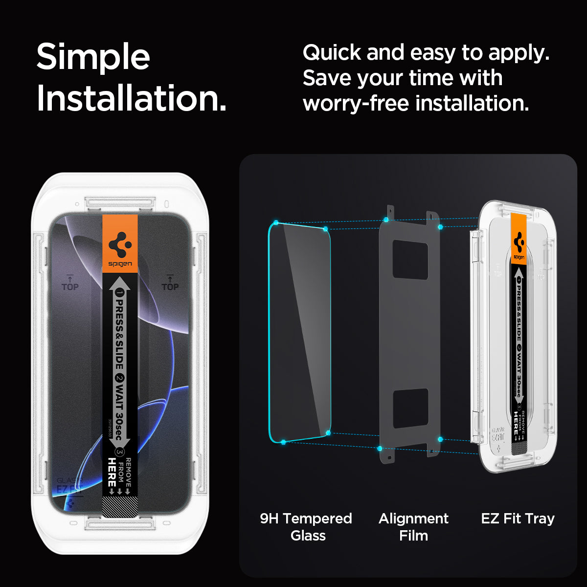 AGL07928 - iPhone 16 Pro GLAS.tR EZ Fit Sensor Protected showing the simple installation. Quick and easy to apply. Save your time with worry-free installation. 9H Tempered Glass, Alignment Film and EZ Fit Tray