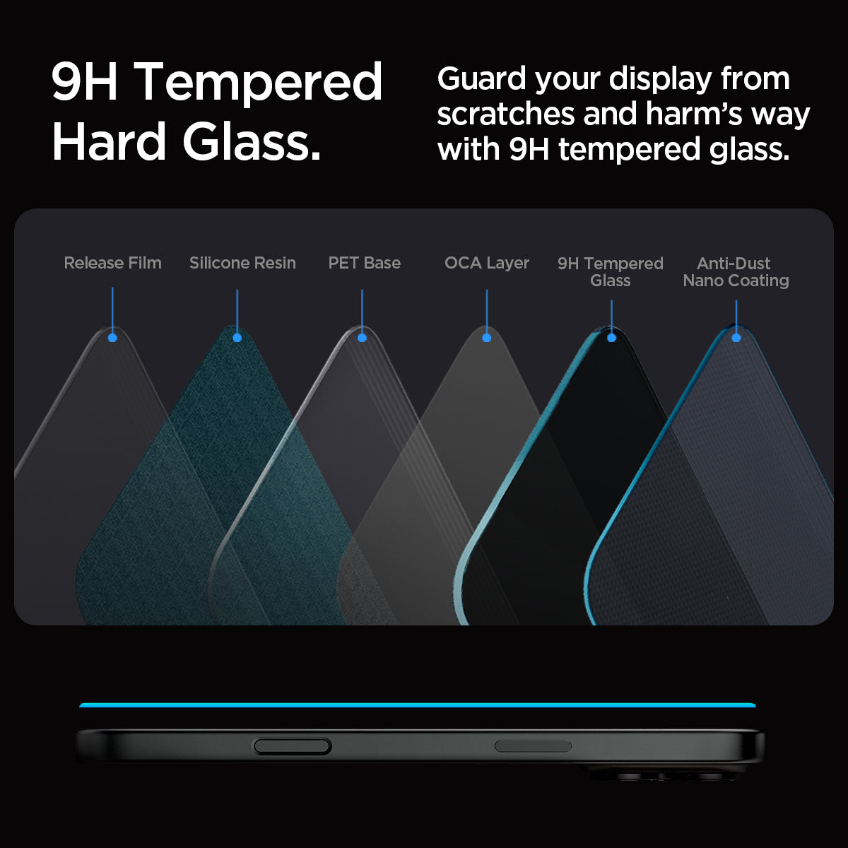AGL07929 - iPhone 16 Pro GLAS.tR EZ Fit Privacy showing the 9H Tempered Hard Glass. Guard your display from scratches and harm's way with 9H tempered glass. Layers of parts of the glass