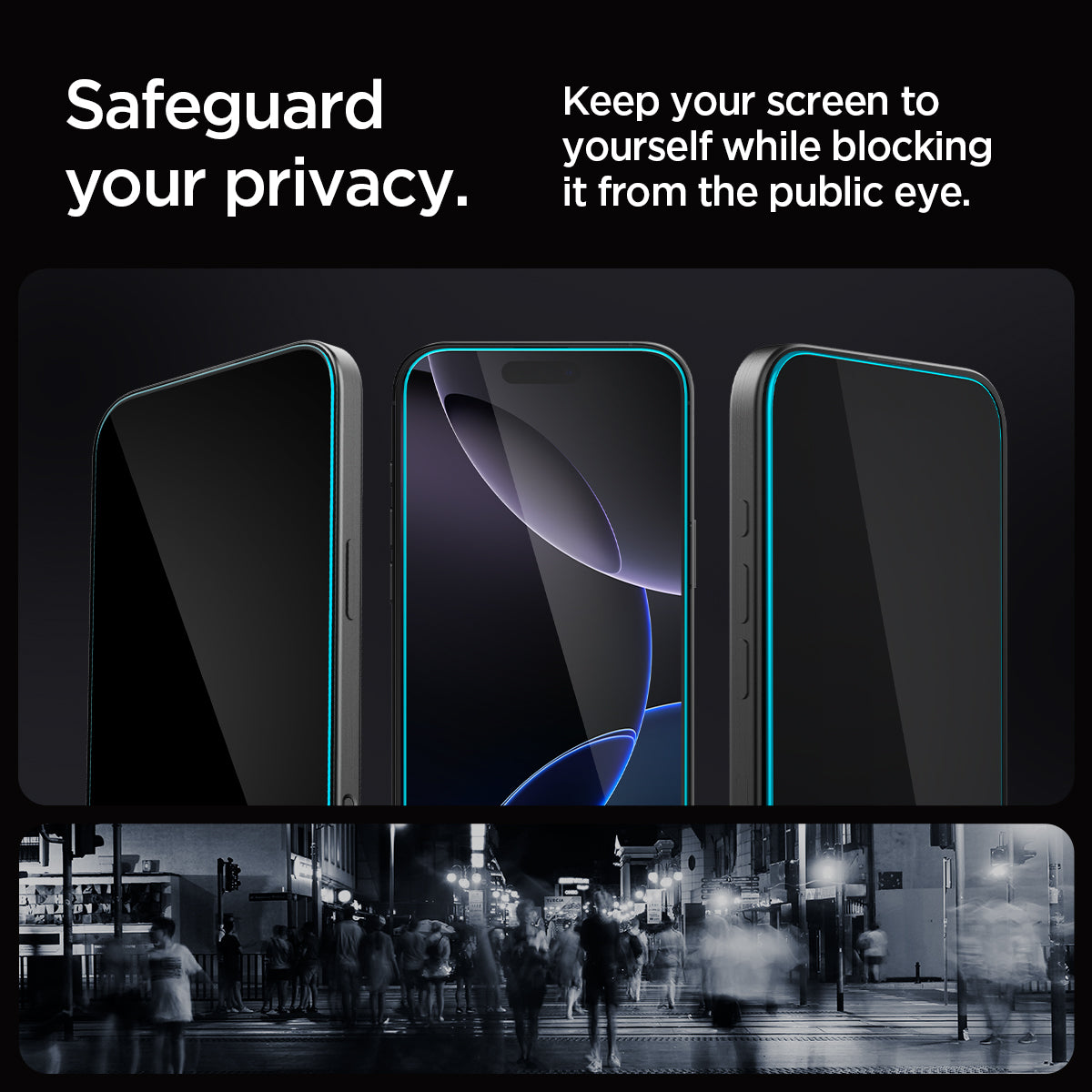 AGL07929 - iPhone 16 Pro GLAS.tR EZ Fit Privacy showing how to safeguard your privacy. Keep you screen to yourself while blocking it from the public eye