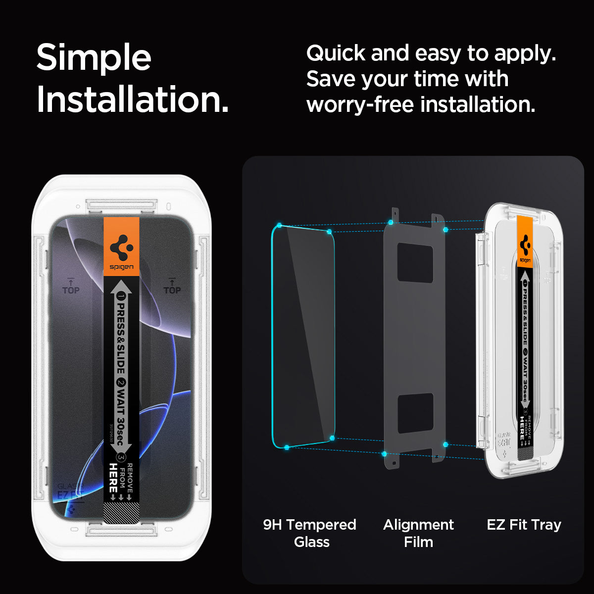 AGL07929 - iPhone 16 Pro GLAS.tR EZ Fit Privacy showing the simple installation. Quick and easy to apply. Save your time with worry-free installation. 9H Tempered Glass, Alignment Film and EZ Fit Tray