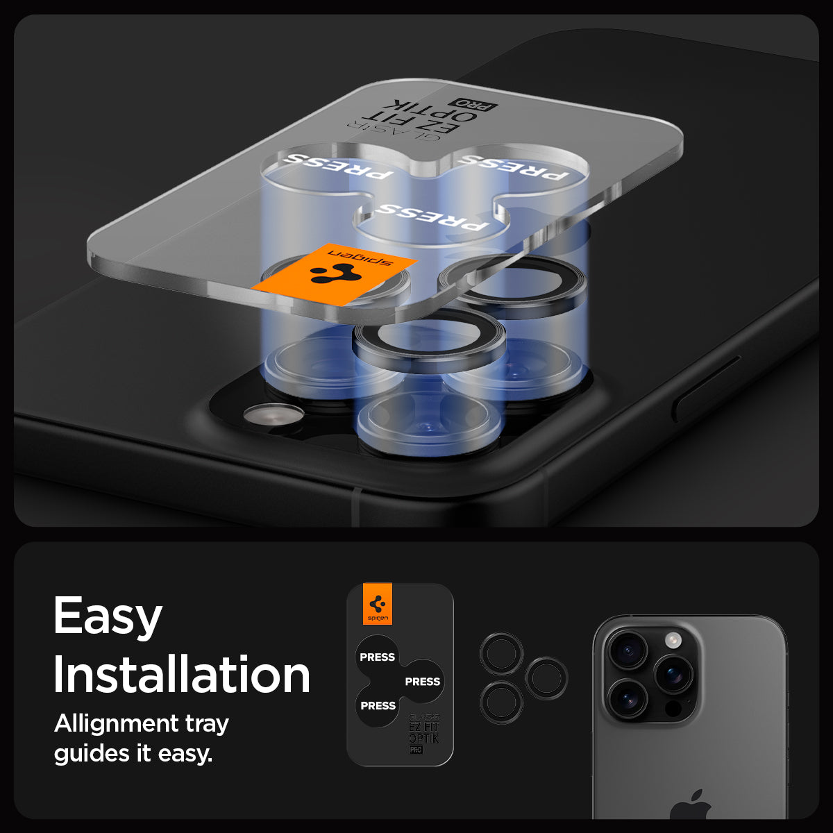 AGL05205 - iPhone 16 Pro / 16 Pro Max Optik Pro Lens Protector in black showing the easy installation. Alignment tray guides it easy