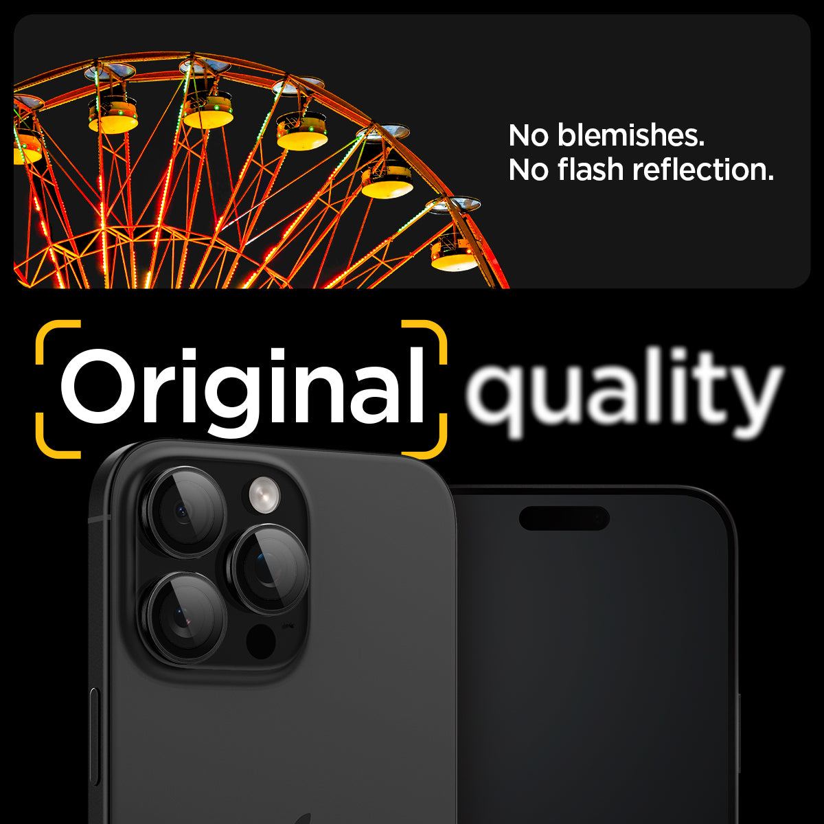 AGL05205 - iPhone 16 Pro / 16 Pro Max Optik Pro Lens Protector in black showing the no blemishes, no flash reflection