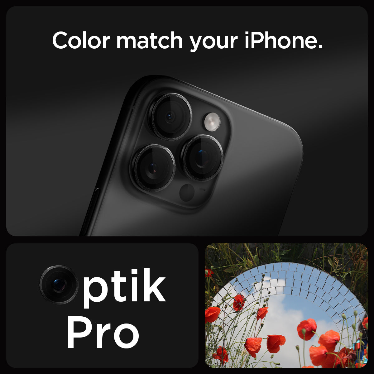 AGL05205 - iPhone 16 Pro / 16 Pro Max Optik Pro Lens Protector in black showing the partial back camera zoomed in