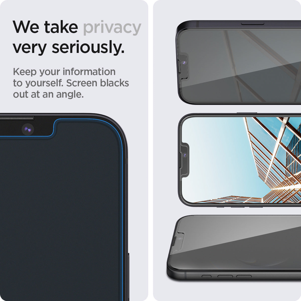 AGL03388 - iPhone 16e Screen Protector EZ FIT GLAS.tR Privacy showing how privacy was taken very seriously. Keeping information you yourself. Screen blacks out at an angle