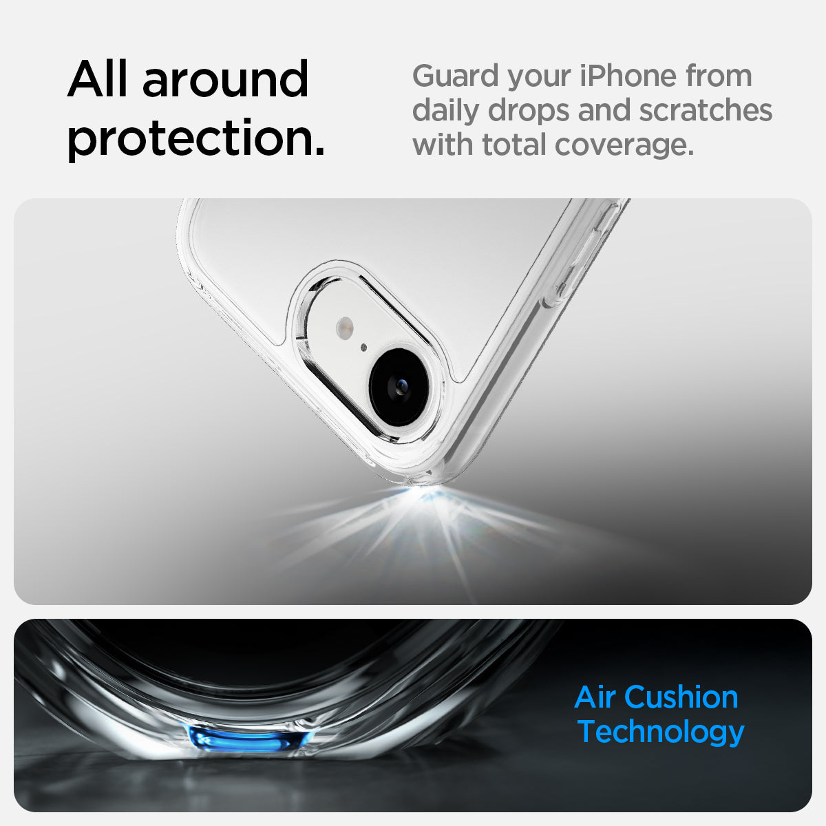ACS09160 - iPhone 16e Case Ultra Hybrid in Crystal Clear showing the all around protection. Guard your iPhone from daily drops and scratches with total coverage with Air Cushion Technology