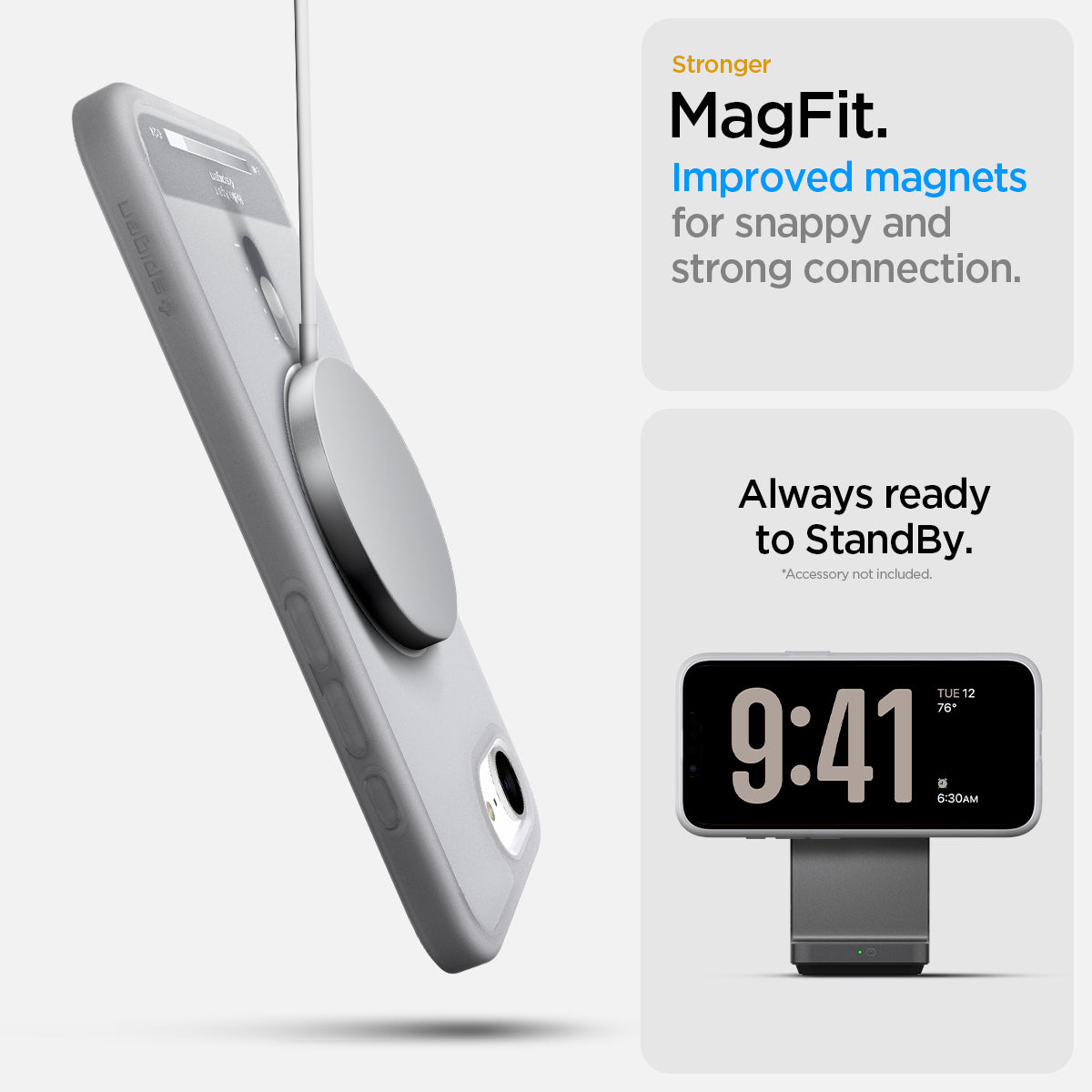 ACS09147 - iPhone 16e Case Ultra Hybrid Classic (MagFit) in Classic Silver showing the stronger MagFit. Improved magnets for snappy and strong connection. Always ready to StandBy
