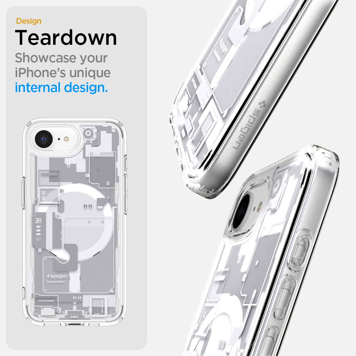 ACS09142 - iPhone 16e Case Ultra Hybrid Zero One (MagFit) in Zero One White showing the design teardown. Showcase your iPhone's unique internal design