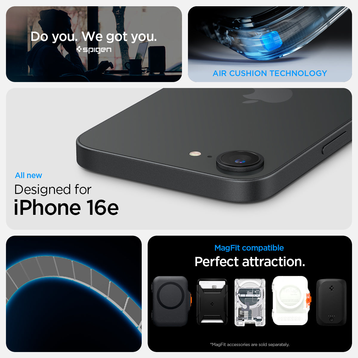 ACS09149 - iPhone 16e Case Ultra Hybrid S (MagFit) in Frost Black showing the all new designed for iPhone 16e. Air Cushion Technology. MagFit compatible