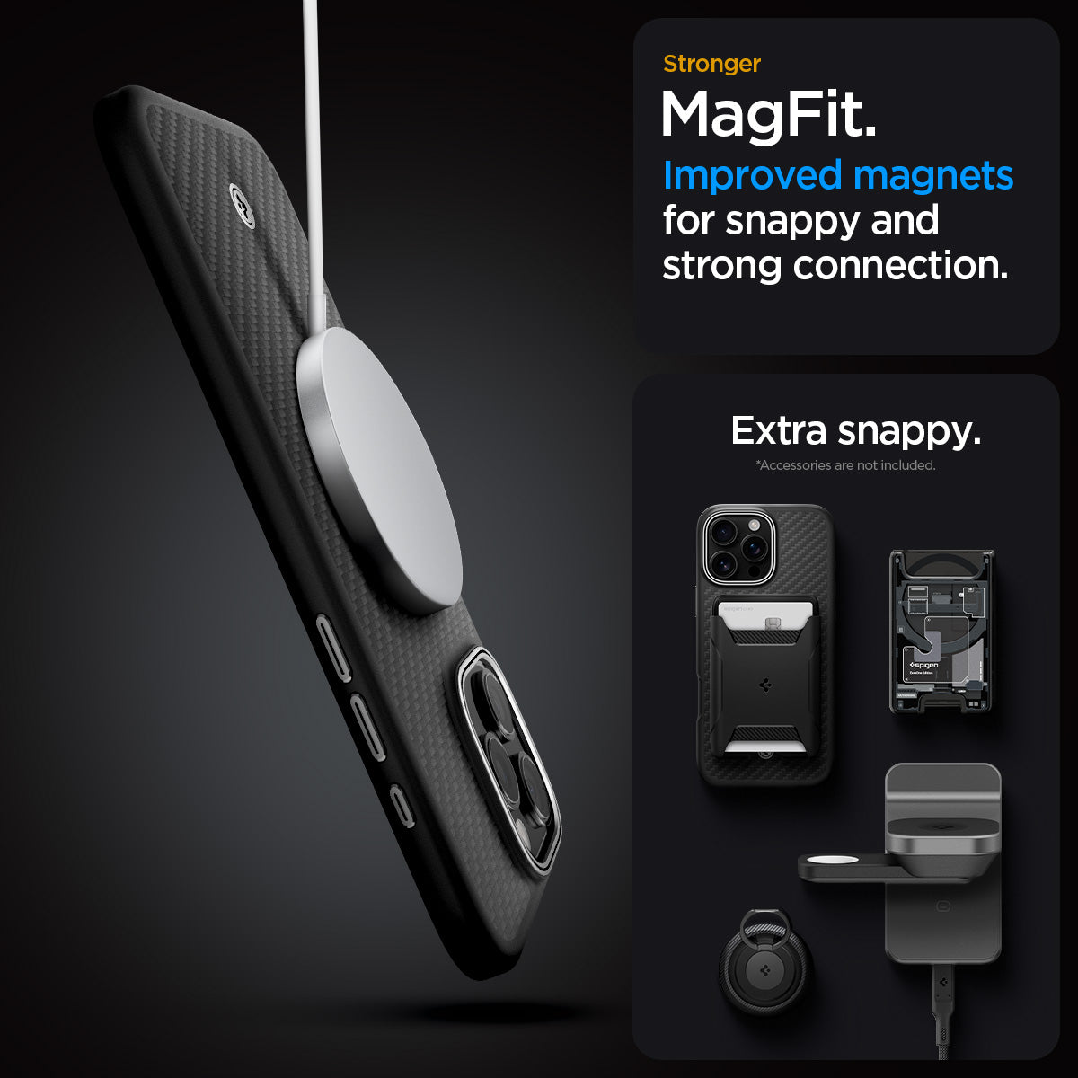 ACS08151 - iPhone 16 Pro Case Enzo Aramid in Black Silver stronger magfit improved magnets for snappy and strong connection. Extra snappy.