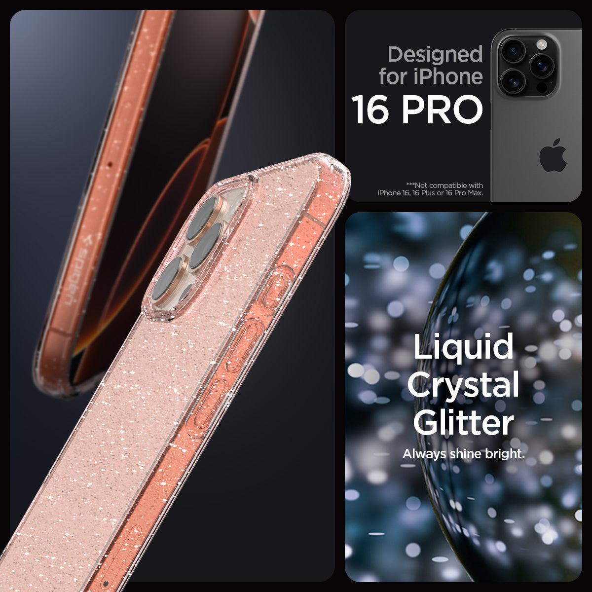 ACS08114 - iPhone 16 Pro Case Liquid Crystal Glitter in Rose Quartz designed for iPhone 16 pro max. liquid crystal glitter. always shine bright.