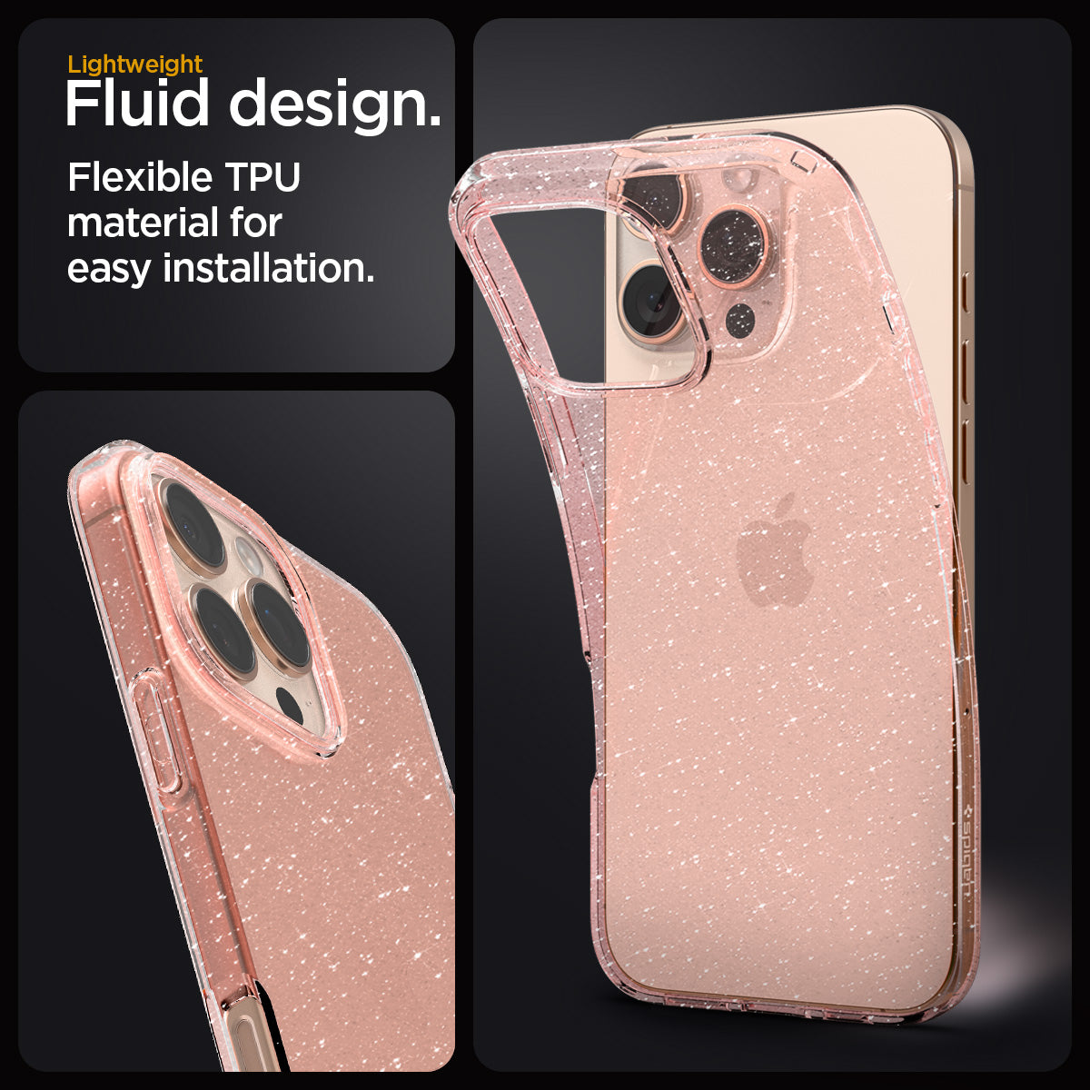 ACS08114 - iPhone 16 Pro Case Liquid Crystal Glitter in Rose Quartz lightweight fluid design. flexible TPU material for easy installation.