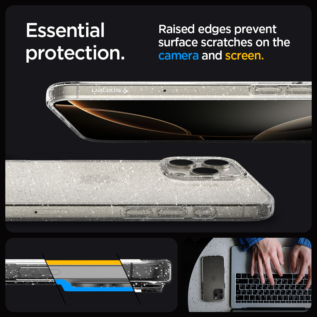 ACS08113 - iPhone 16 Pro Case Liquid Crystal Glitter in Crystal Quartz essential protection. raised edges prevent surface scratches on the camera an screen.