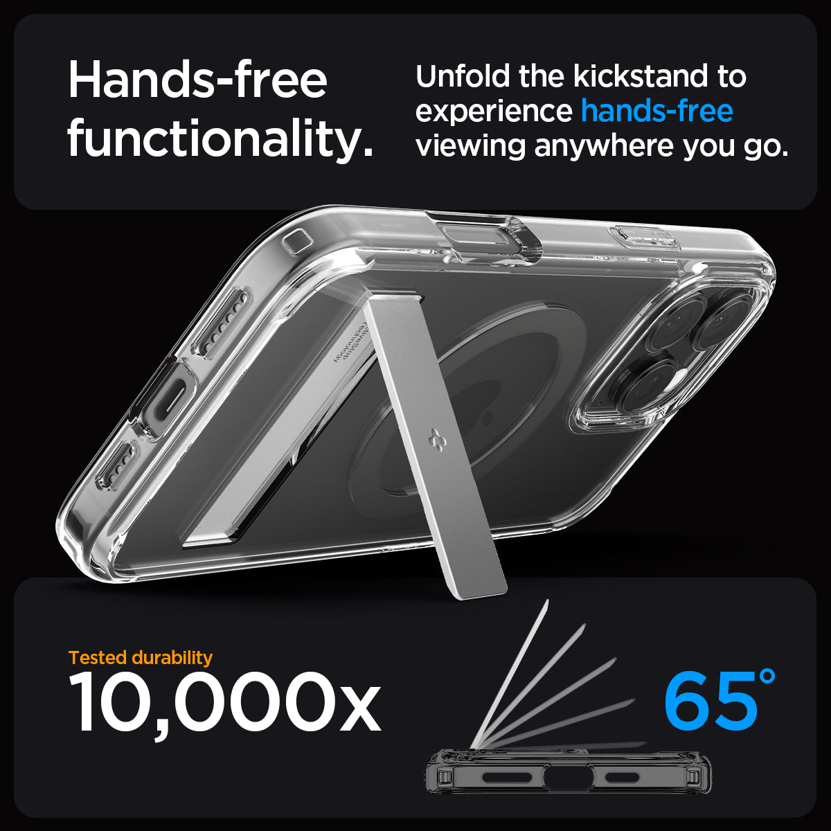ACS08143 - iPhone 16 Pro Case Ultra Hybrid S (MagFit) in Graphite hands free functionality. Unfold the kickstand to experience hands free viewing anywhere you go. tested durability 10,000x